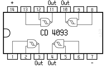 Pinout CD4093 (ראה כי התשומות 7 ו 14 משמשות חיבורי חשמל)
