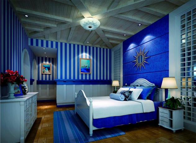 תמונה של חדר שינה עם גוון כחול אחד בכל החדר
