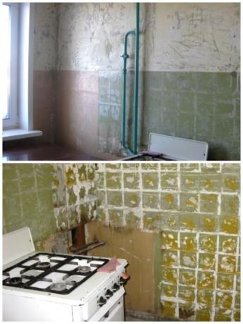 כדי להתחיל, ביצע את כל הרהיטים לנקות את הקירות של האריחים הישנים וטפטים. | תמונה: youtube.com.