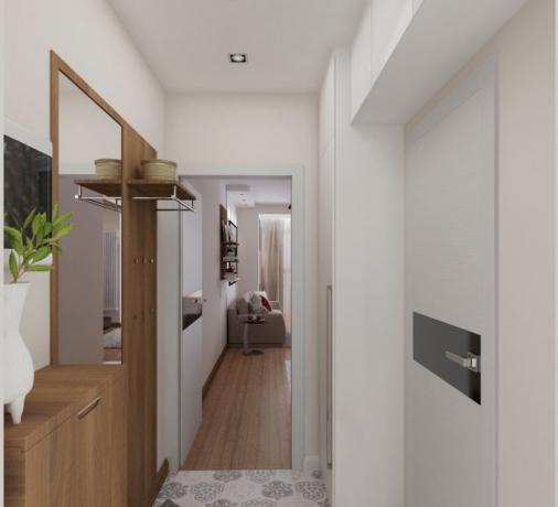 מסדרון בדירה קטנה עם שטח פחות משלושים מטרים רבועים.