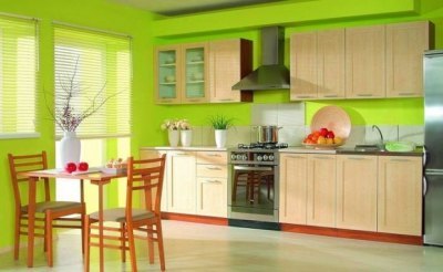 השילוב של צבע ירוק בהיר בפנים המטבח עם פרטים אדומים מנוגדים